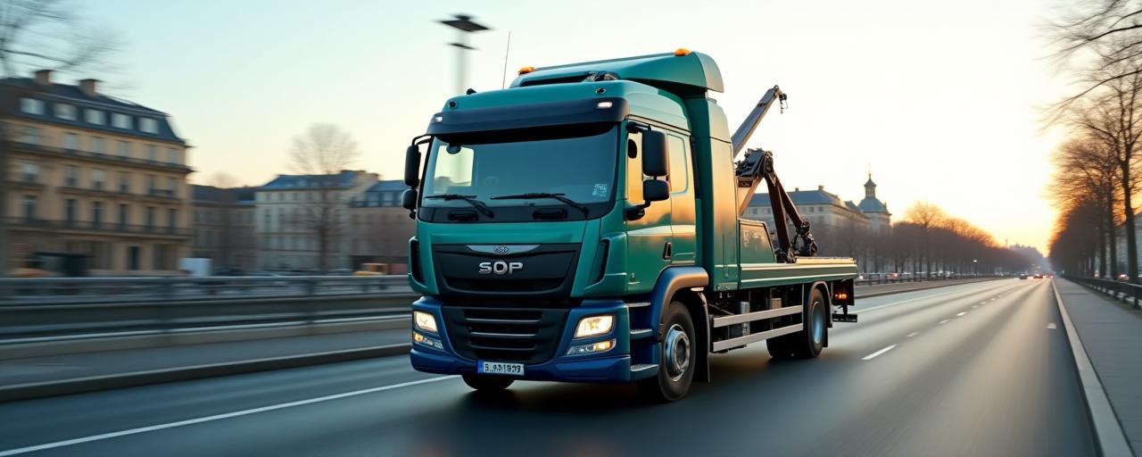 Camion de remorquage SDP sur route à Paris