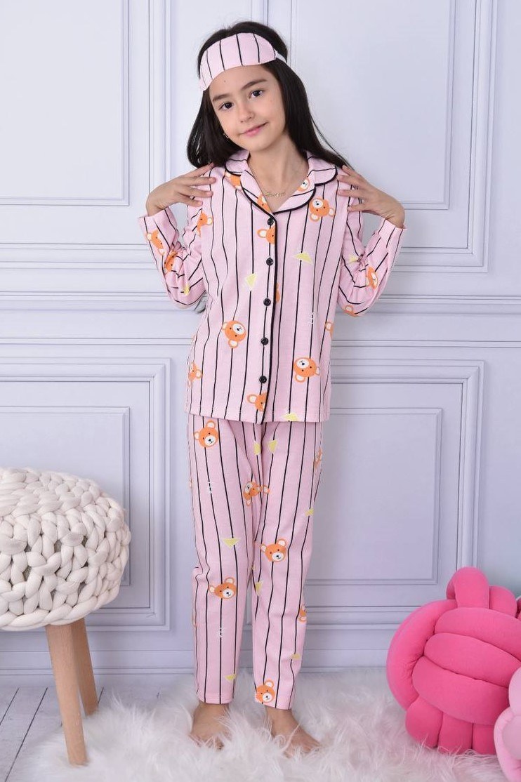 Kız Çocuk Kedi Baskılı Penye , Uyku Maskeli Pijama Takım — GÜL KURUSU