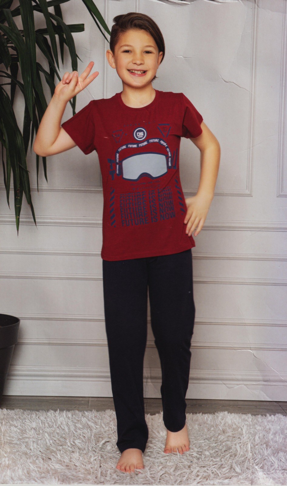 Kısa Kol Tişört , Uzun Pantolon Erkek Çocuk Pijama — BORDO