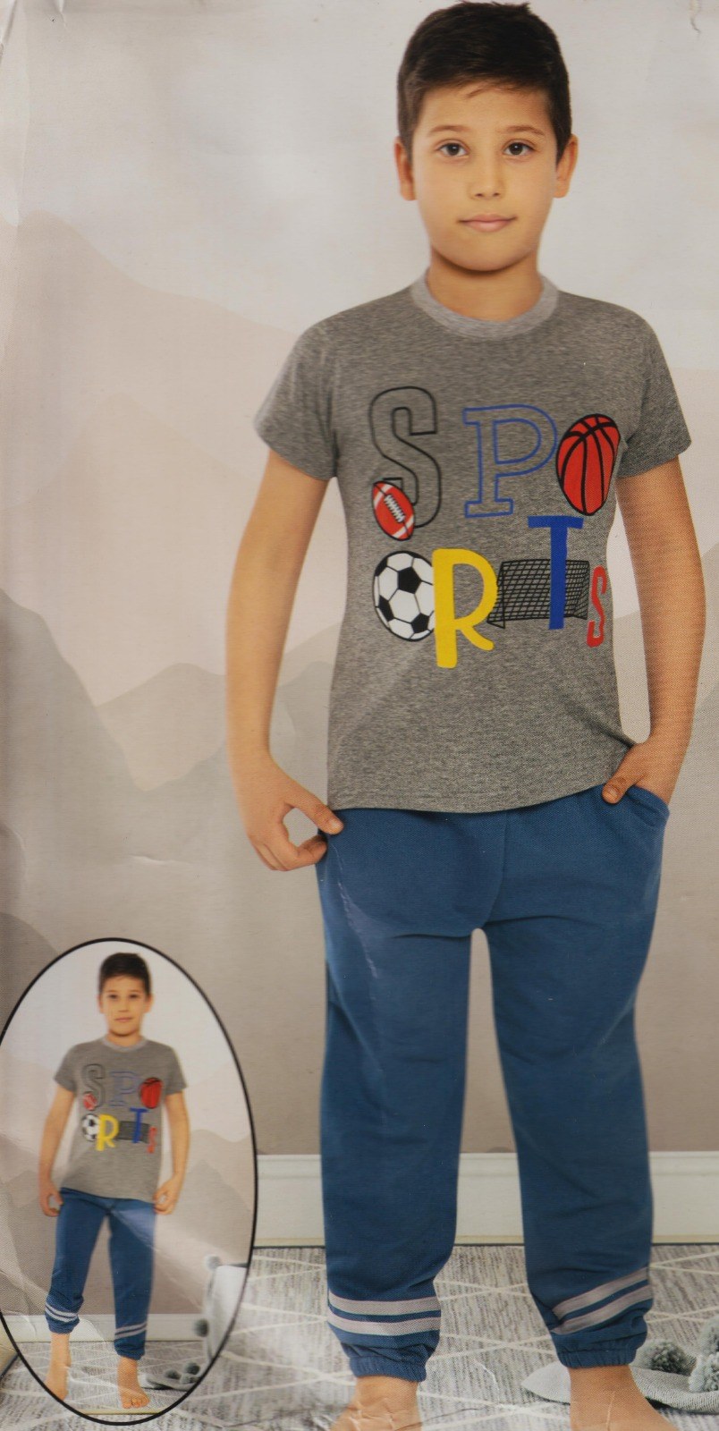 Kısa Kol Tişört , Uzun Pantolon Erkek Çocuk Pijama — GRİ - MAVİ