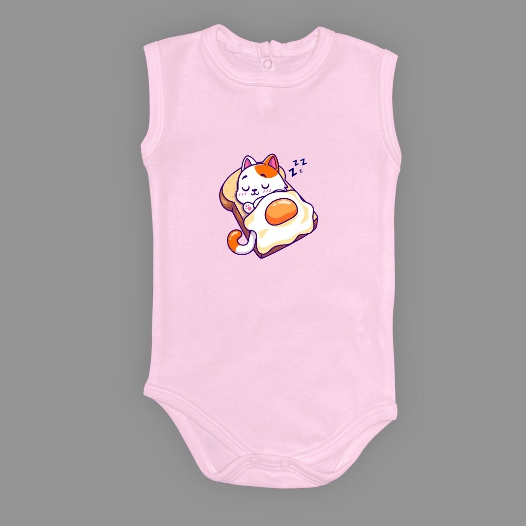 Uyuyan Kedi Baskılı Bebek Çıtçıtlı Body Uzun Kısa Kolsuz — AÇIK PEMBE
