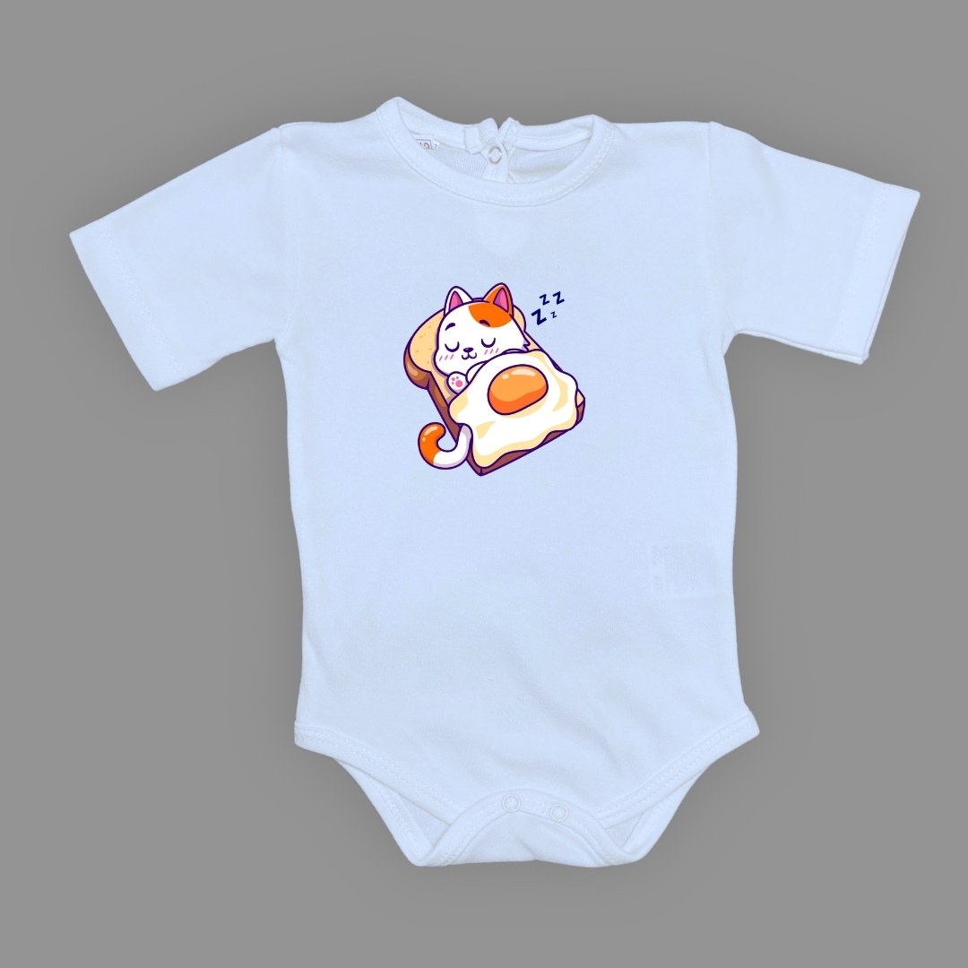 Uyuyan Kedi Baskılı Bebek Çıtçıtlı Body Uzun Kısa Kolsuz — BEBE MAVİ