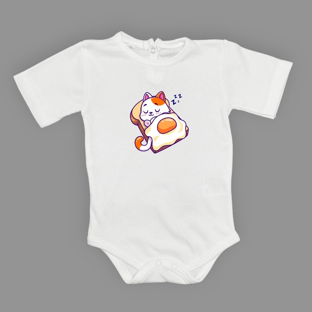 Uyuyan Kedi Baskılı Bebek Çıtçıtlı Body Uzun Kısa Kolsuz — BEYAZ