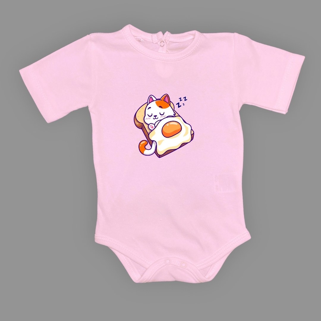 Uyuyan Kedi Baskılı Bebek Çıtçıtlı Body Uzun Kısa Kolsuz — KOYU PEMBE
