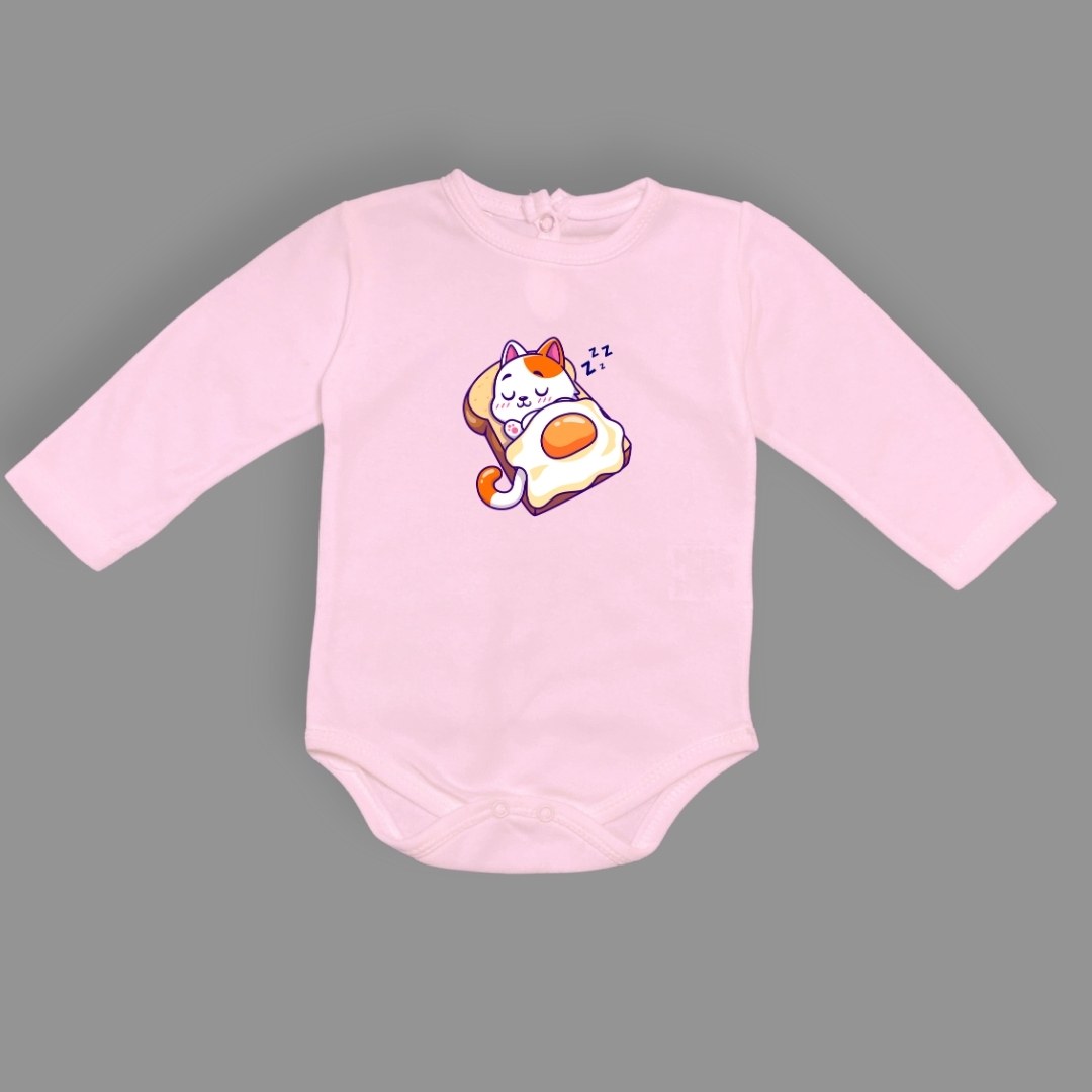 Uyuyan Kedi Baskılı Bebek Çıtçıtlı Body Uzun Kısa Kolsuz — PEMBE