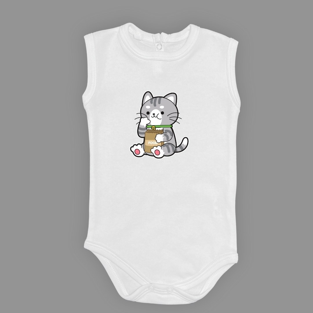 Mama Yiyen Kedi Baskılı Bebek Çıtçıtlı Body Uzun Kısa Kolsuz — AÇIK EKRU
