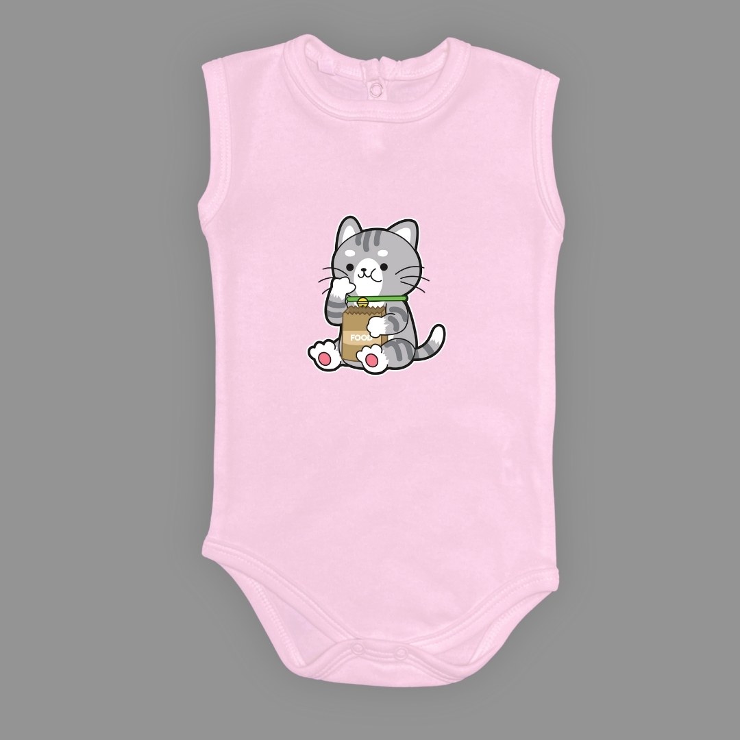 Mama Yiyen Kedi Baskılı Bebek Çıtçıtlı Body Uzun Kısa Kolsuz — AÇIK PEMBE