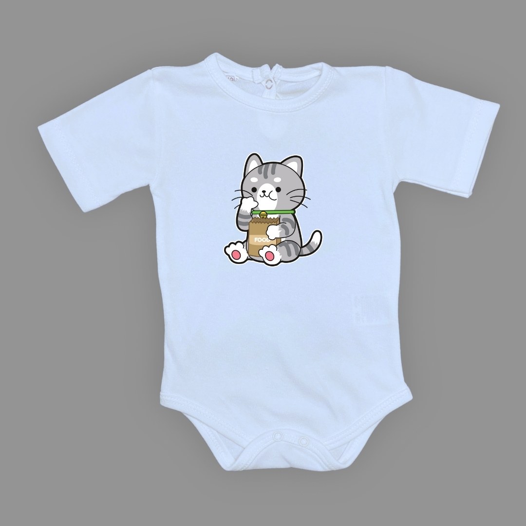 Mama Yiyen Kedi Baskılı Bebek Çıtçıtlı Body Uzun Kısa Kolsuz — BEBE MAVİ