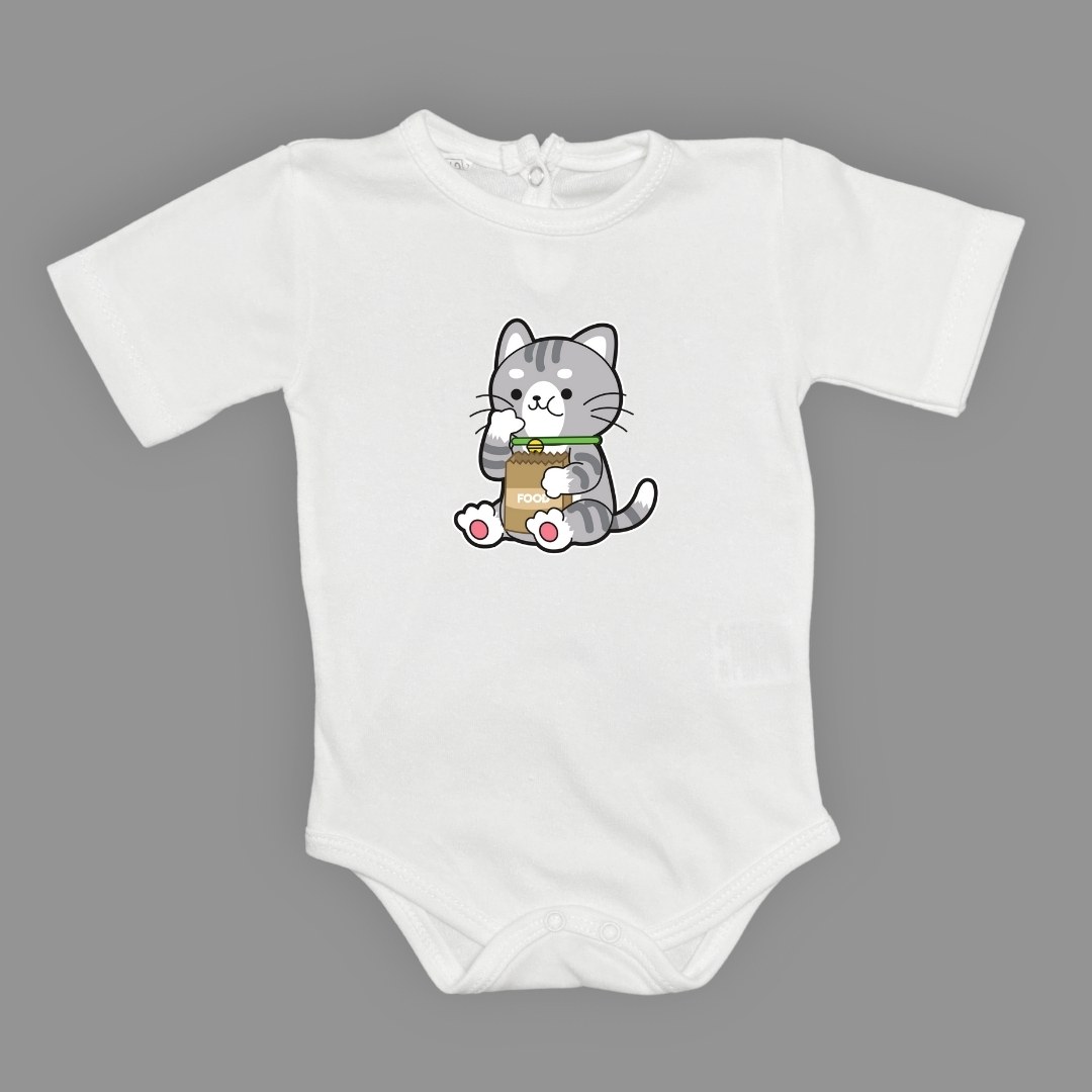 Mama Yiyen Kedi Baskılı Bebek Çıtçıtlı Body Uzun Kısa Kolsuz — BEYAZ