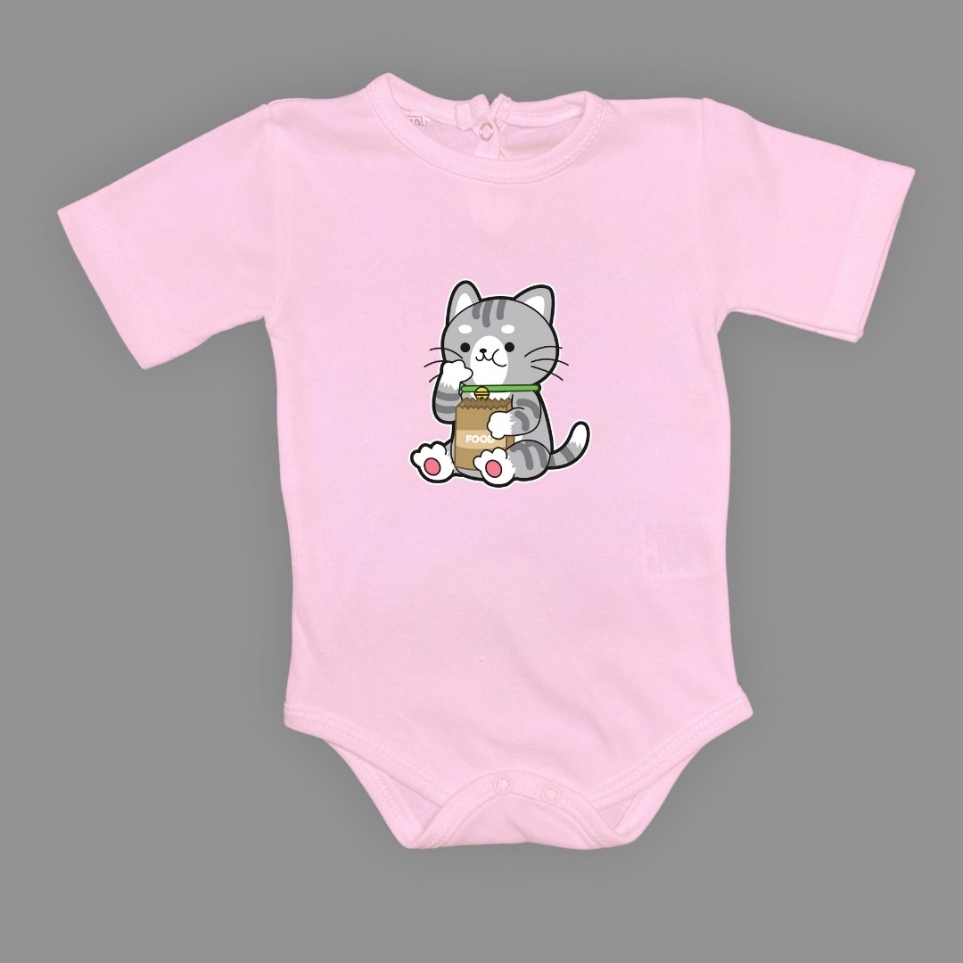 Mama Yiyen Kedi Baskılı Bebek Çıtçıtlı Body Uzun Kısa Kolsuz — KOYU PEMBE