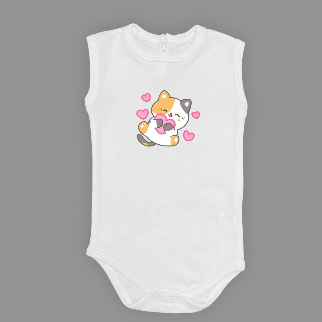 Kalpli Kedi Baskılı Bebek Çıtçıtlı Body Uzun Kısa Kolsuz — AÇIK EKRU