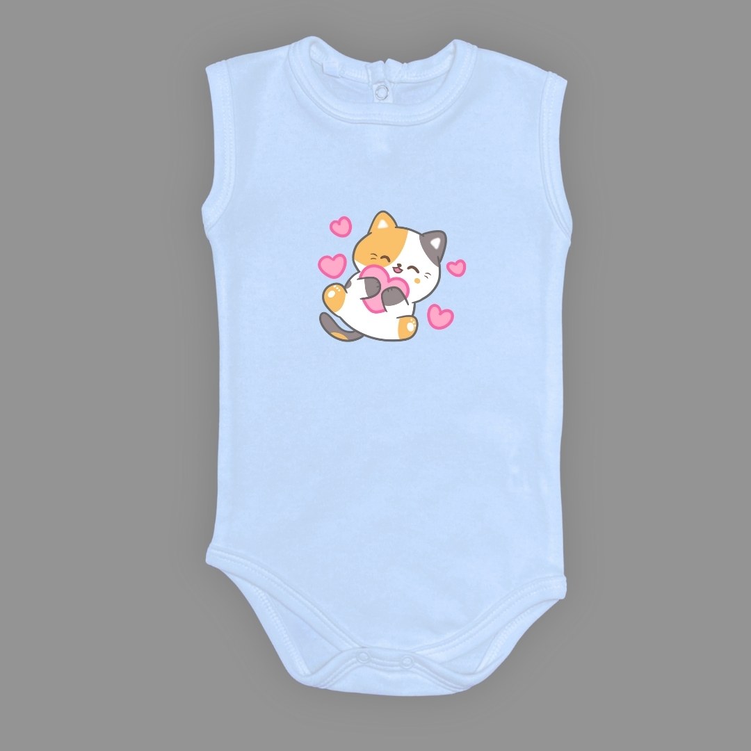 Kalpli Kedi Baskılı Bebek Çıtçıtlı Body Uzun Kısa Kolsuz — AÇIK MAVİ