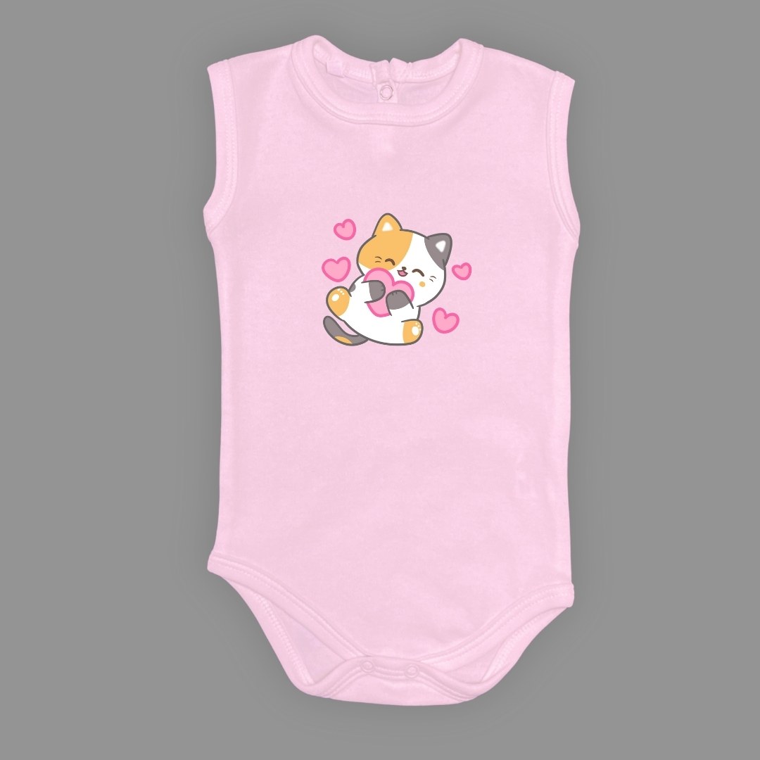 Kalpli Kedi Baskılı Bebek Çıtçıtlı Body Uzun Kısa Kolsuz — AÇIK PEMBE
