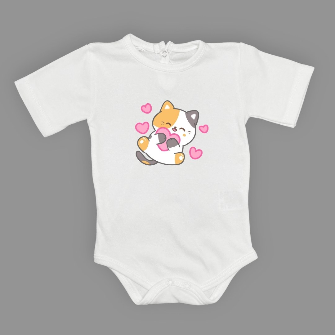 Kalpli Kedi Baskılı Bebek Çıtçıtlı Body Uzun Kısa Kolsuz — BEYAZ