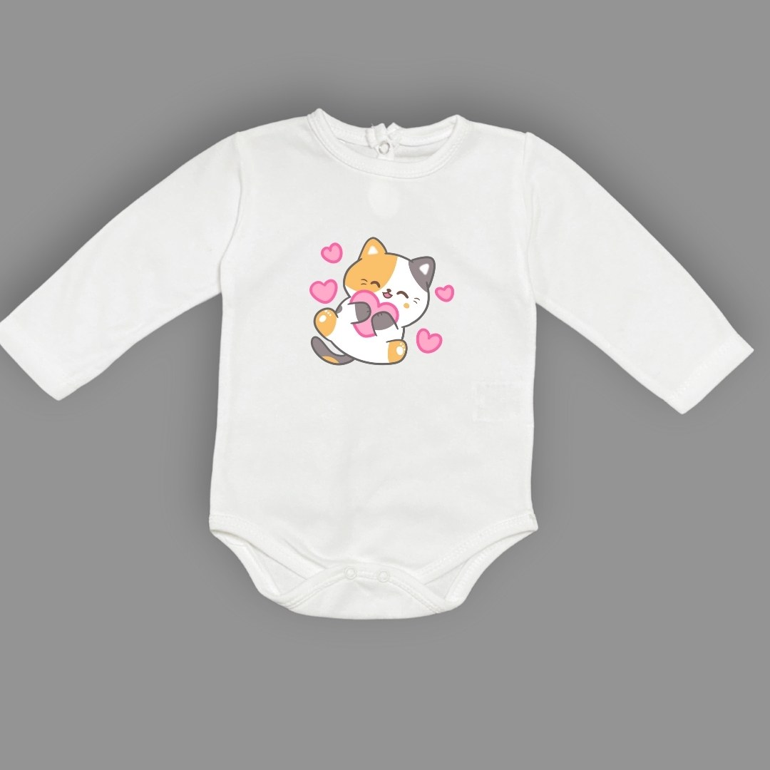 Kalpli Kedi Baskılı Bebek Çıtçıtlı Body Uzun Kısa Kolsuz — EKRU