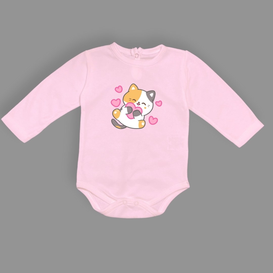 Kalpli Kedi Baskılı Bebek Çıtçıtlı Body Uzun Kısa Kolsuz — PEMBE