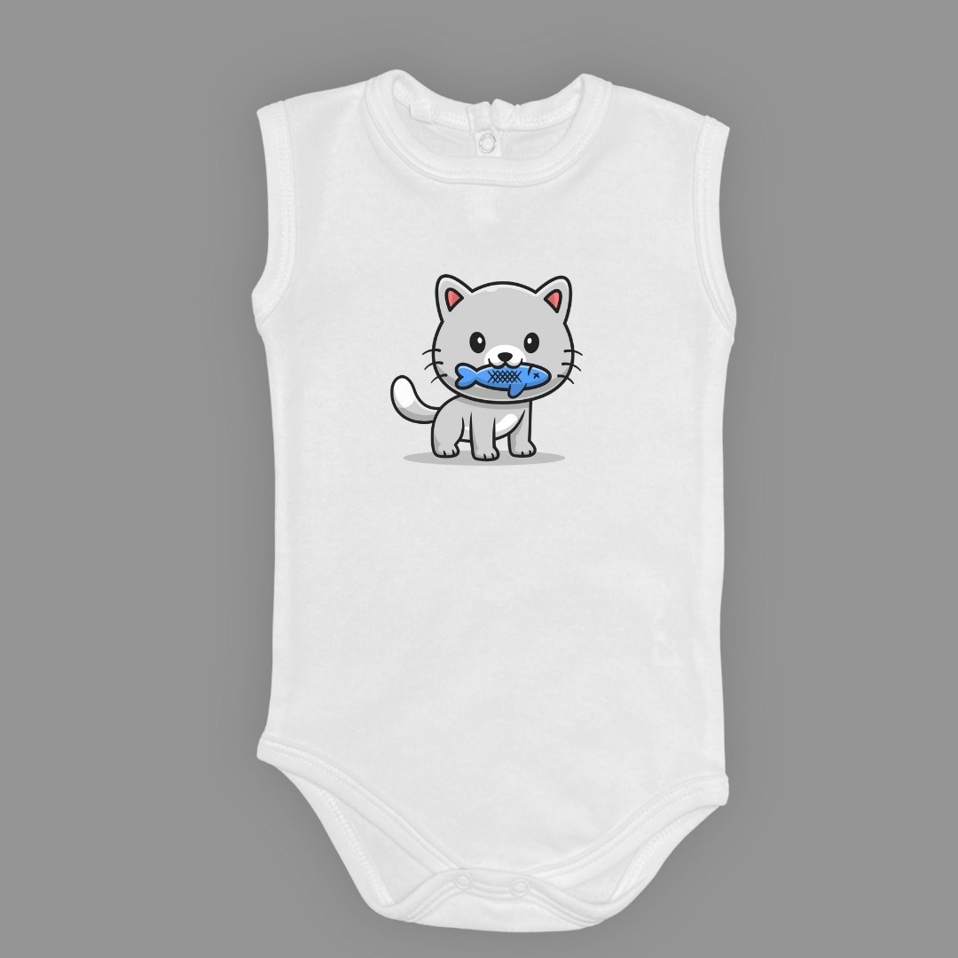 Balıklı Kedi Baskılı Bebek Çıtçıtlı Body Uzun Kısa Kolsuz — AÇIK EKRU