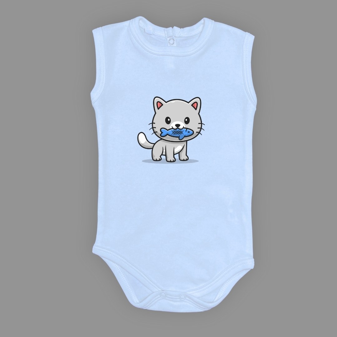 Balıklı Kedi Baskılı Bebek Çıtçıtlı Body Uzun Kısa Kolsuz — AÇIK MAVİ