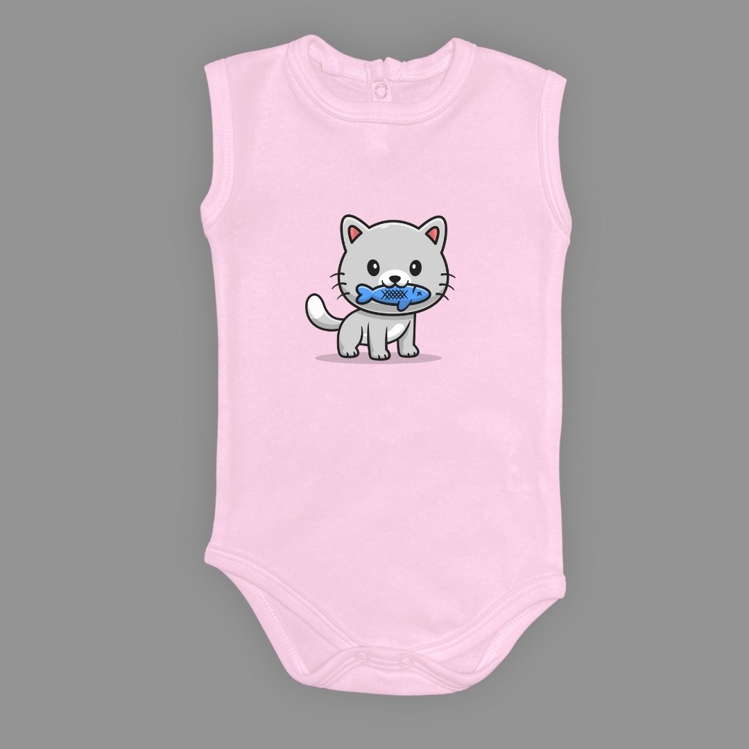 Balıklı Kedi Baskılı Bebek Çıtçıtlı Body Uzun Kısa Kolsuz — AÇIK PEMBE