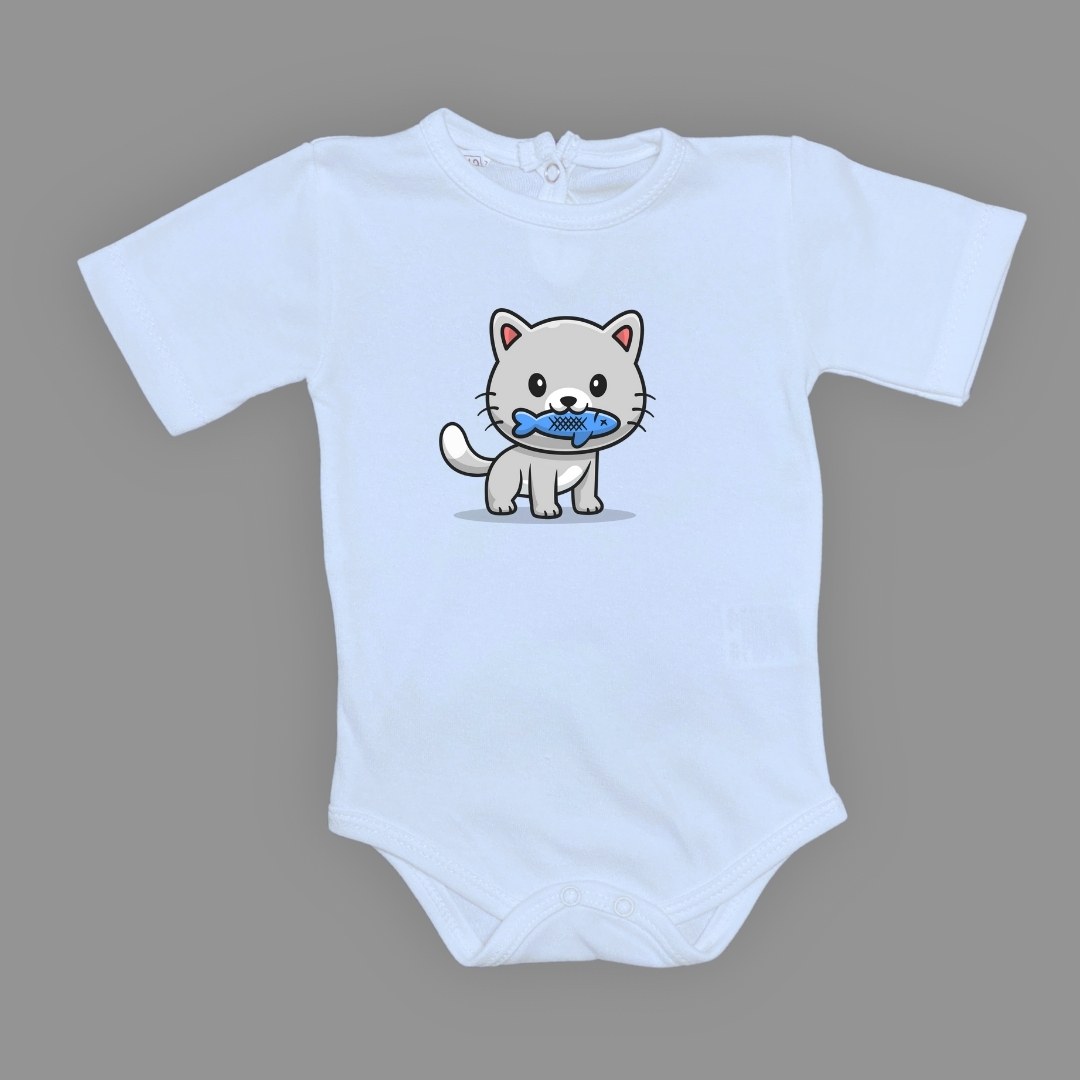 Balıklı Kedi Baskılı Bebek Çıtçıtlı Body Uzun Kısa Kolsuz — BEBE MAVİ