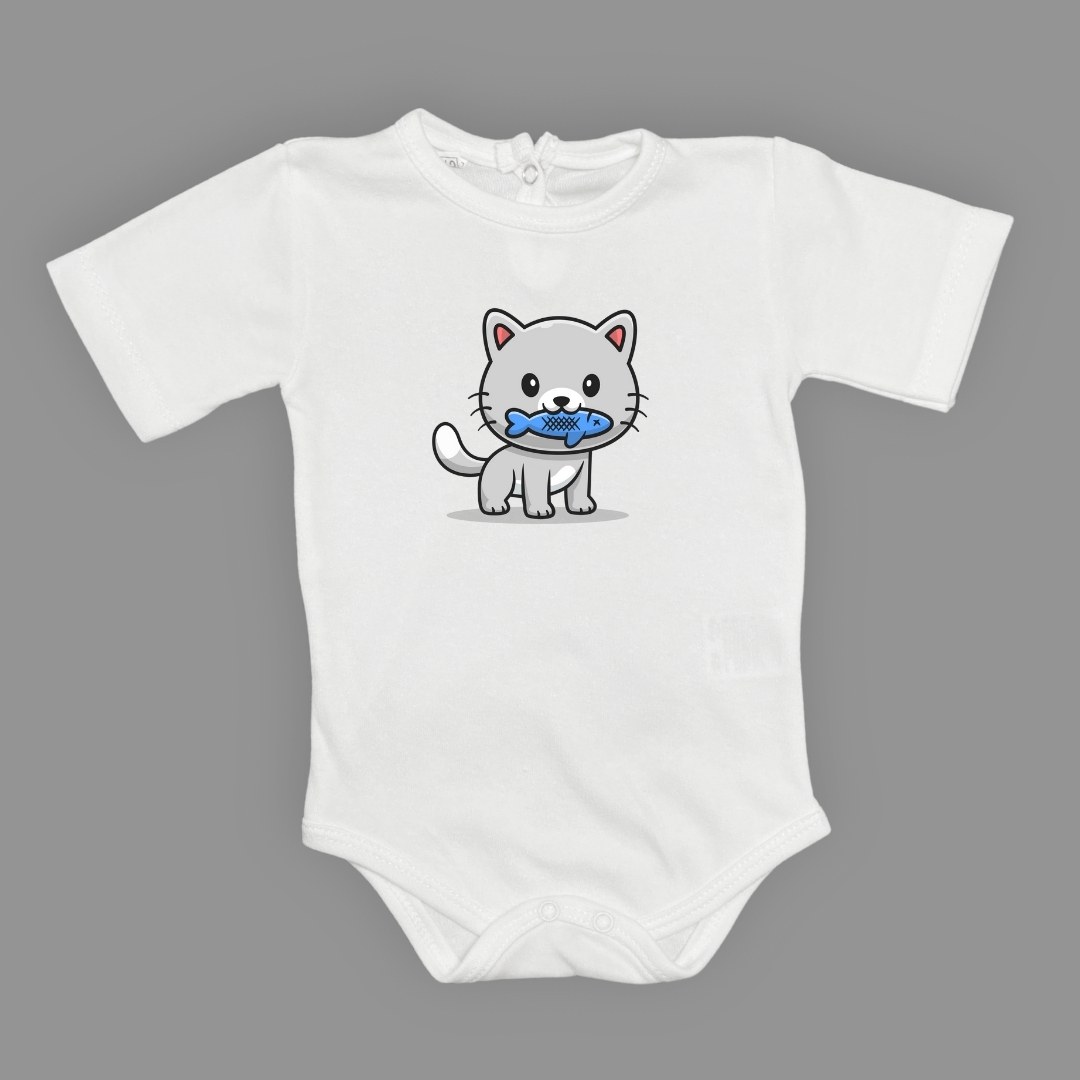 Balıklı Kedi Baskılı Bebek Çıtçıtlı Body Uzun Kısa Kolsuz — BEYAZ