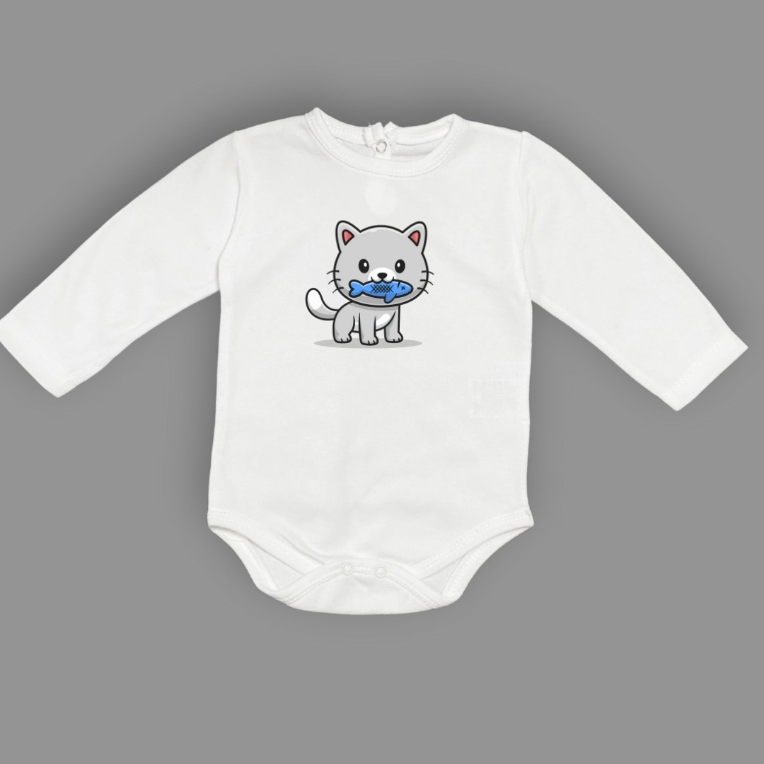 Balıklı Kedi Baskılı Bebek Çıtçıtlı Body Uzun Kısa Kolsuz — EKRU
