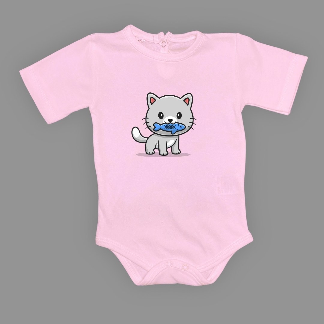 Balıklı Kedi Baskılı Bebek Çıtçıtlı Body Uzun Kısa Kolsuz — KOYU PEMBE