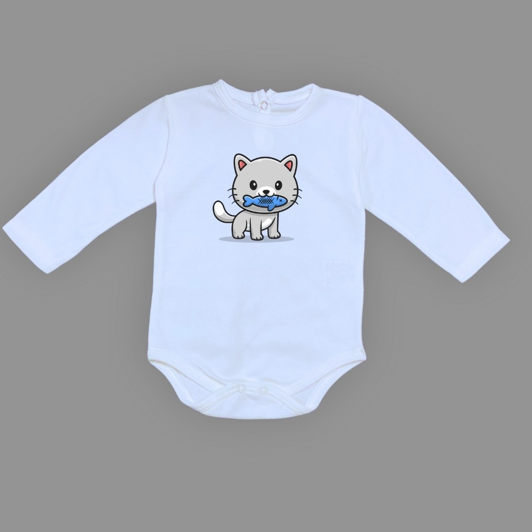 Balıklı Kedi Baskılı Bebek Çıtçıtlı Body Uzun Kısa Kolsuz — MAVİ