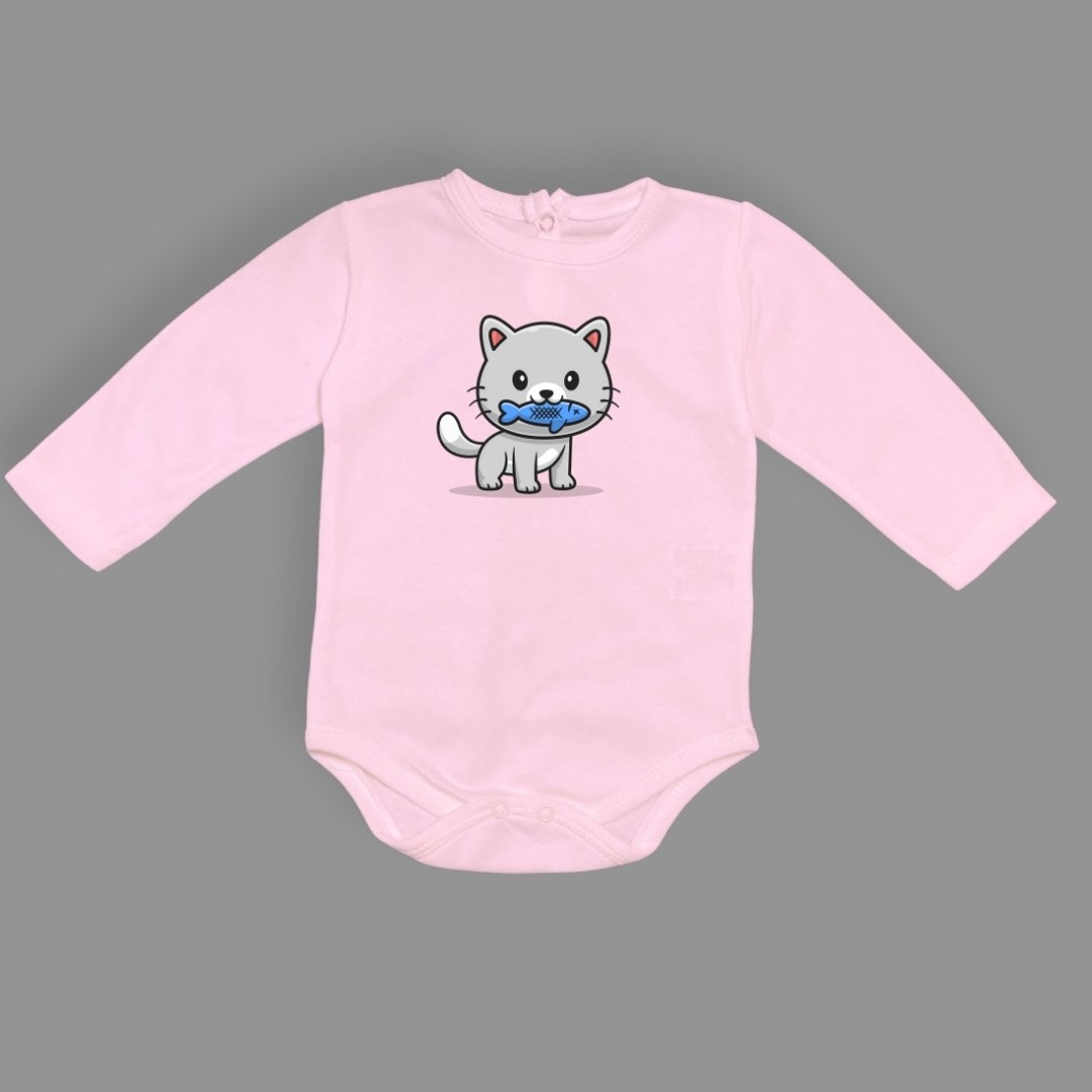 Balıklı Kedi Baskılı Bebek Çıtçıtlı Body Uzun Kısa Kolsuz — PEMBE