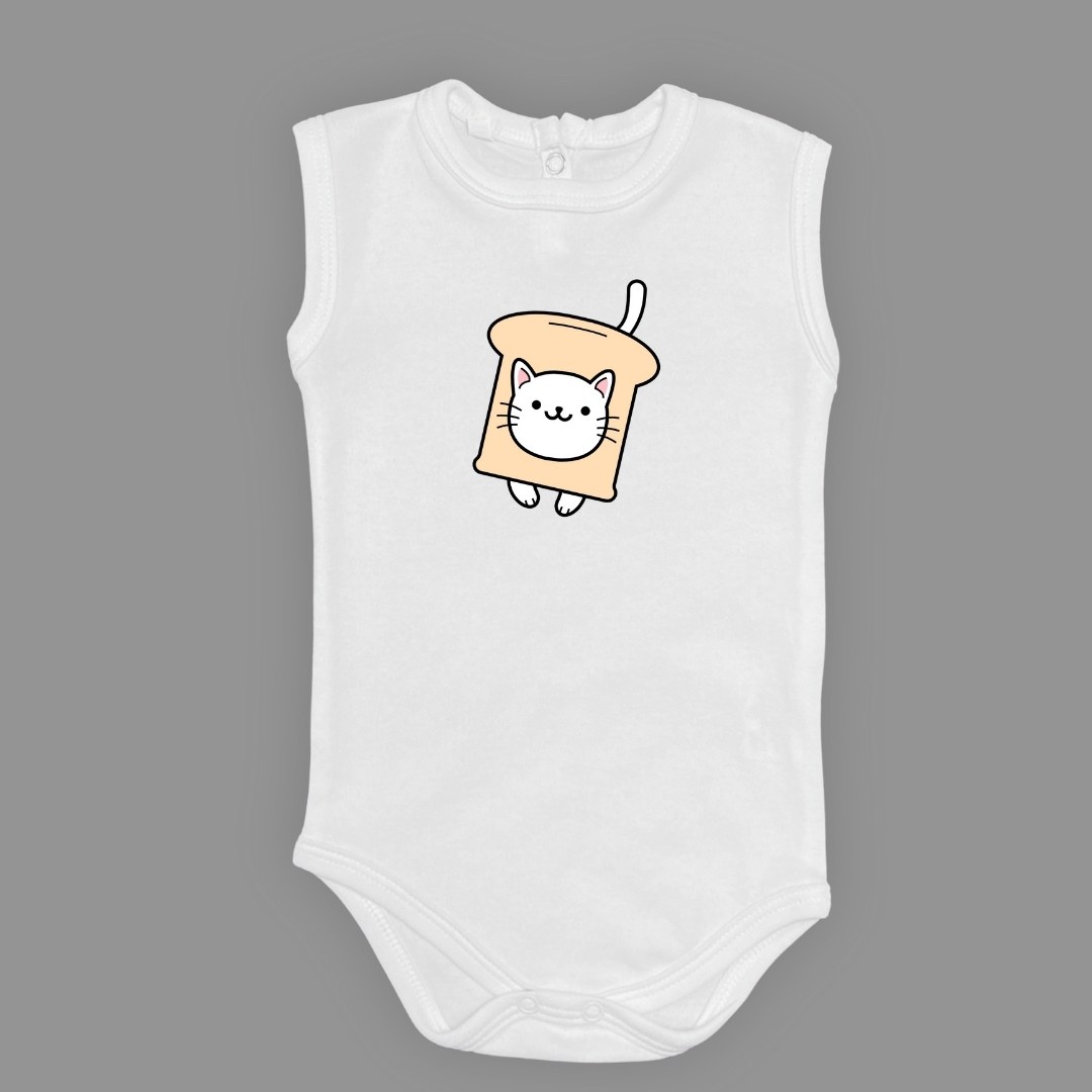 Ekmek Kedi Baskılı Bebek Çıtçıtlı Body Uzun Kısa Kolsuz — AÇIK EKRU
