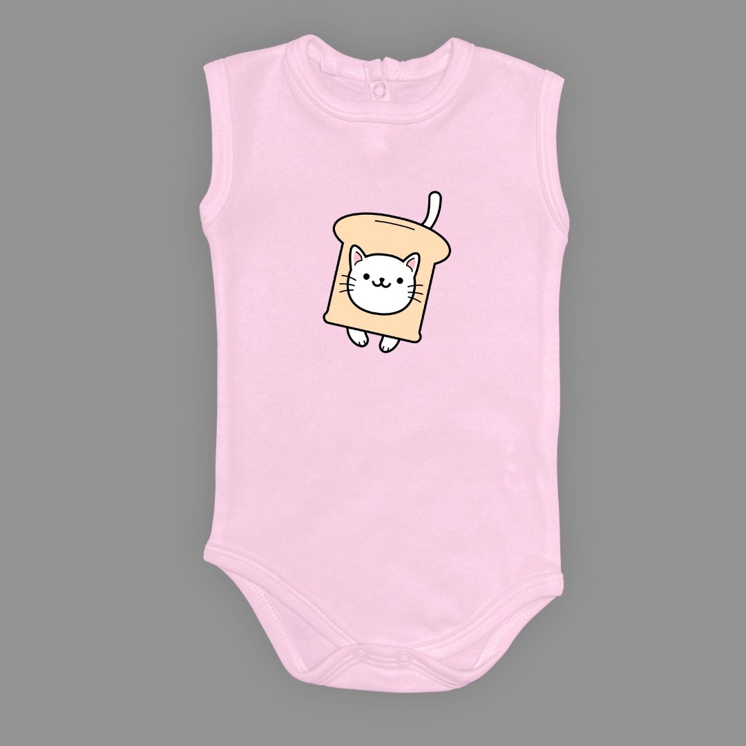 Ekmek Kedi Baskılı Bebek Çıtçıtlı Body Uzun Kısa Kolsuz — AÇIK PEMBE