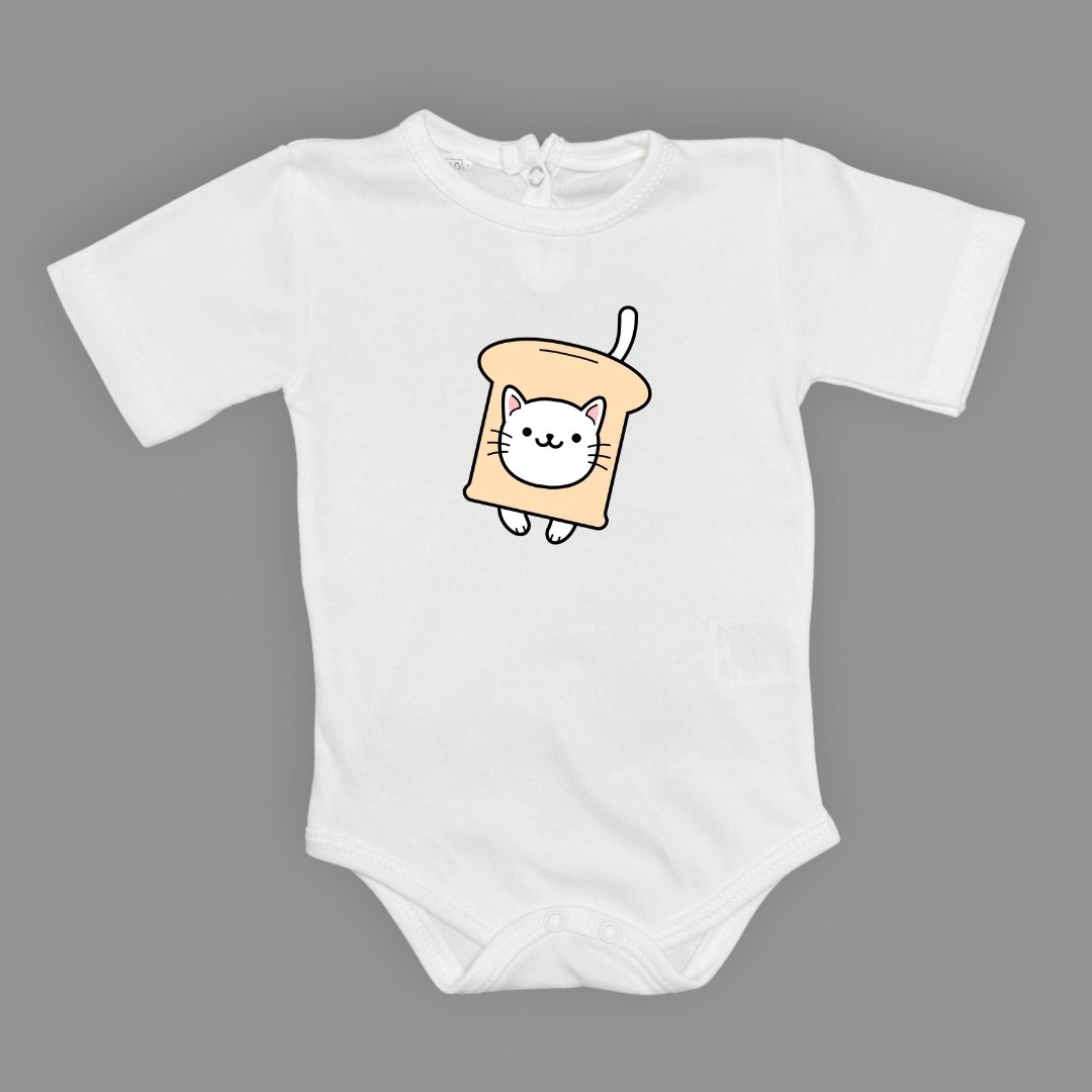 Ekmek Kedi Baskılı Bebek Çıtçıtlı Body Uzun Kısa Kolsuz — BEYAZ