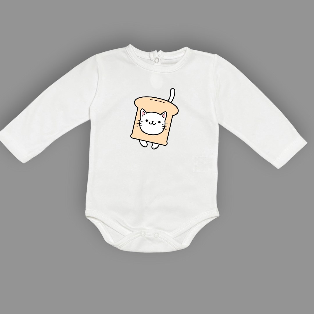 Ekmek Kedi Baskılı Bebek Çıtçıtlı Body Uzun Kısa Kolsuz — EKRU