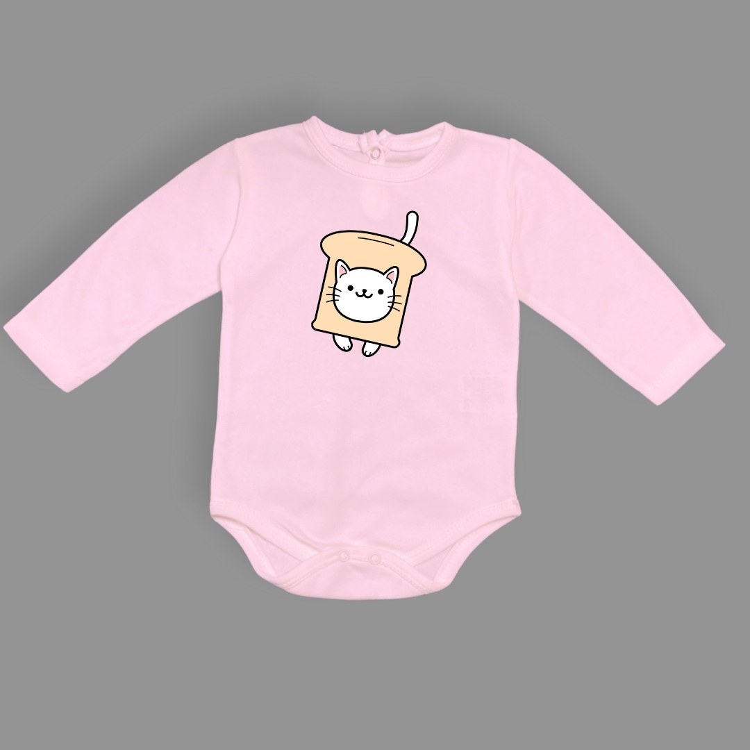 Ekmek Kedi Baskılı Bebek Çıtçıtlı Body Uzun Kısa Kolsuz — PEMBE