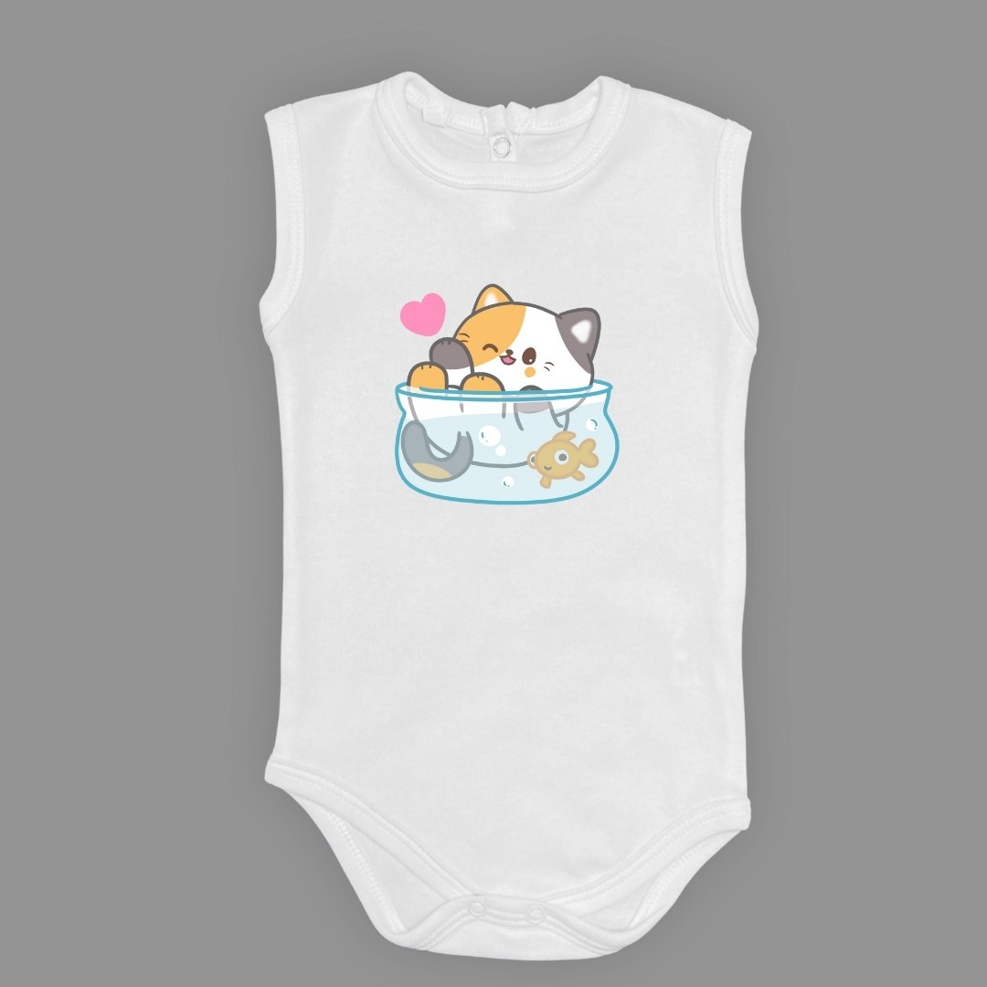 Akvaryum Kedi Baskılı Bebek Çıtçıtlı Body Uzun Kısa Kolsuz — AÇIK EKRU