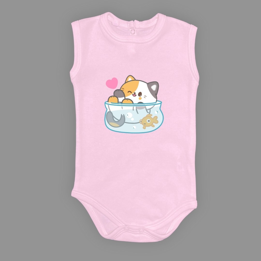 Akvaryum Kedi Baskılı Bebek Çıtçıtlı Body Uzun Kısa Kolsuz — AÇIK PEMBE