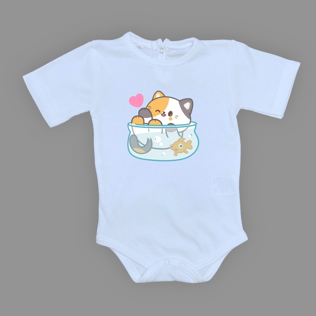 Akvaryum Kedi Baskılı Bebek Çıtçıtlı Body Uzun Kısa Kolsuz — BEBE MAVİ