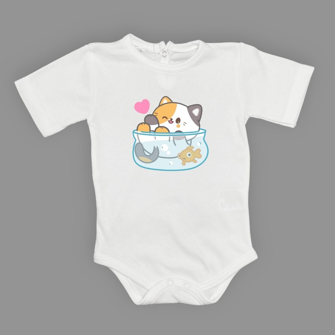Akvaryum Kedi Baskılı Bebek Çıtçıtlı Body Uzun Kısa Kolsuz — BEYAZ