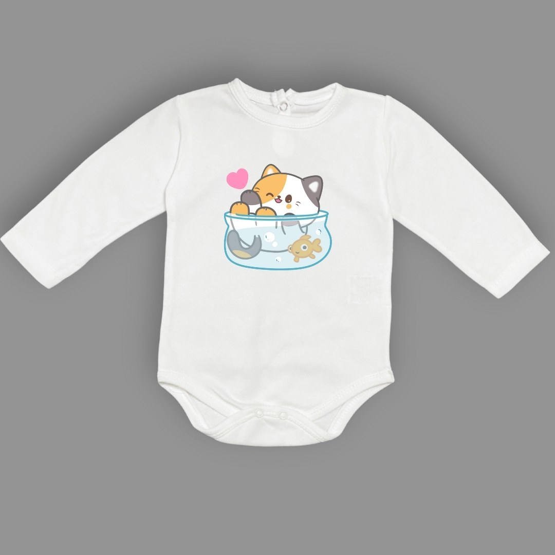 Akvaryum Kedi Baskılı Bebek Çıtçıtlı Body Uzun Kısa Kolsuz — EKRU