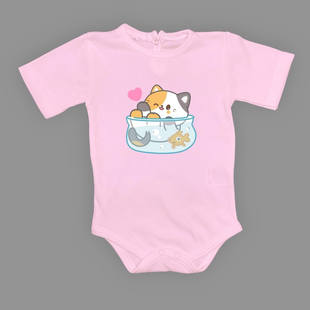 Akvaryum Kedi Baskılı Bebek Çıtçıtlı Body Uzun Kısa Kolsuz — KOYU PEMBE