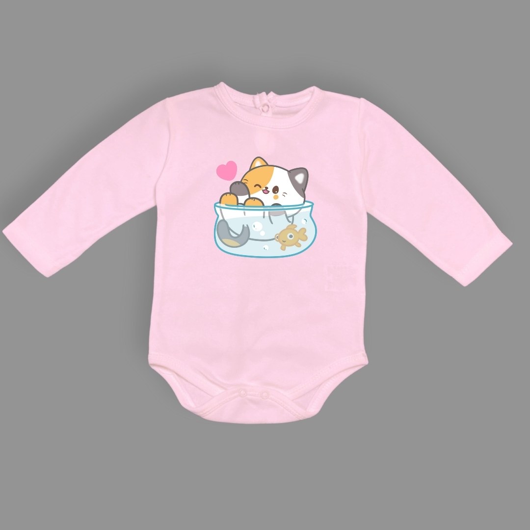 Akvaryum Kedi Baskılı Bebek Çıtçıtlı Body Uzun Kısa Kolsuz — PEMBE