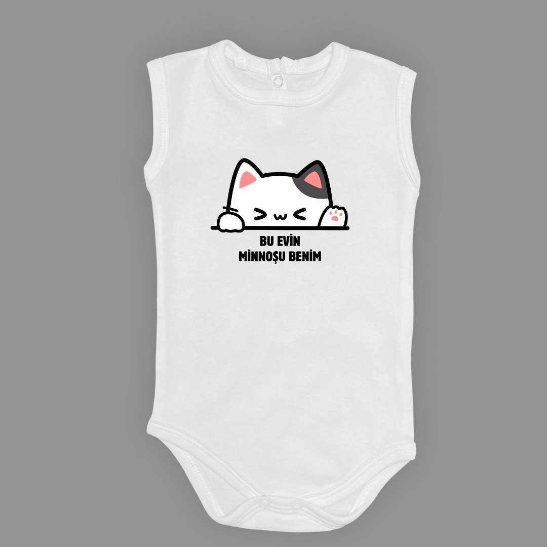 Minnoş Kedi Baskılı Bebek Çıtçıtlı Body Uzun Kısa Kolsuz — AÇIK EKRU