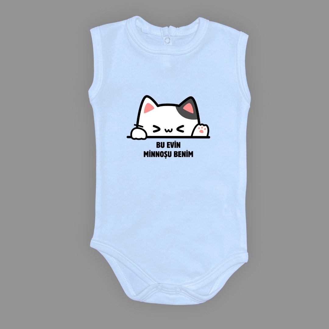 Minnoş Kedi Baskılı Bebek Çıtçıtlı Body Uzun Kısa Kolsuz — AÇIK MAVİ