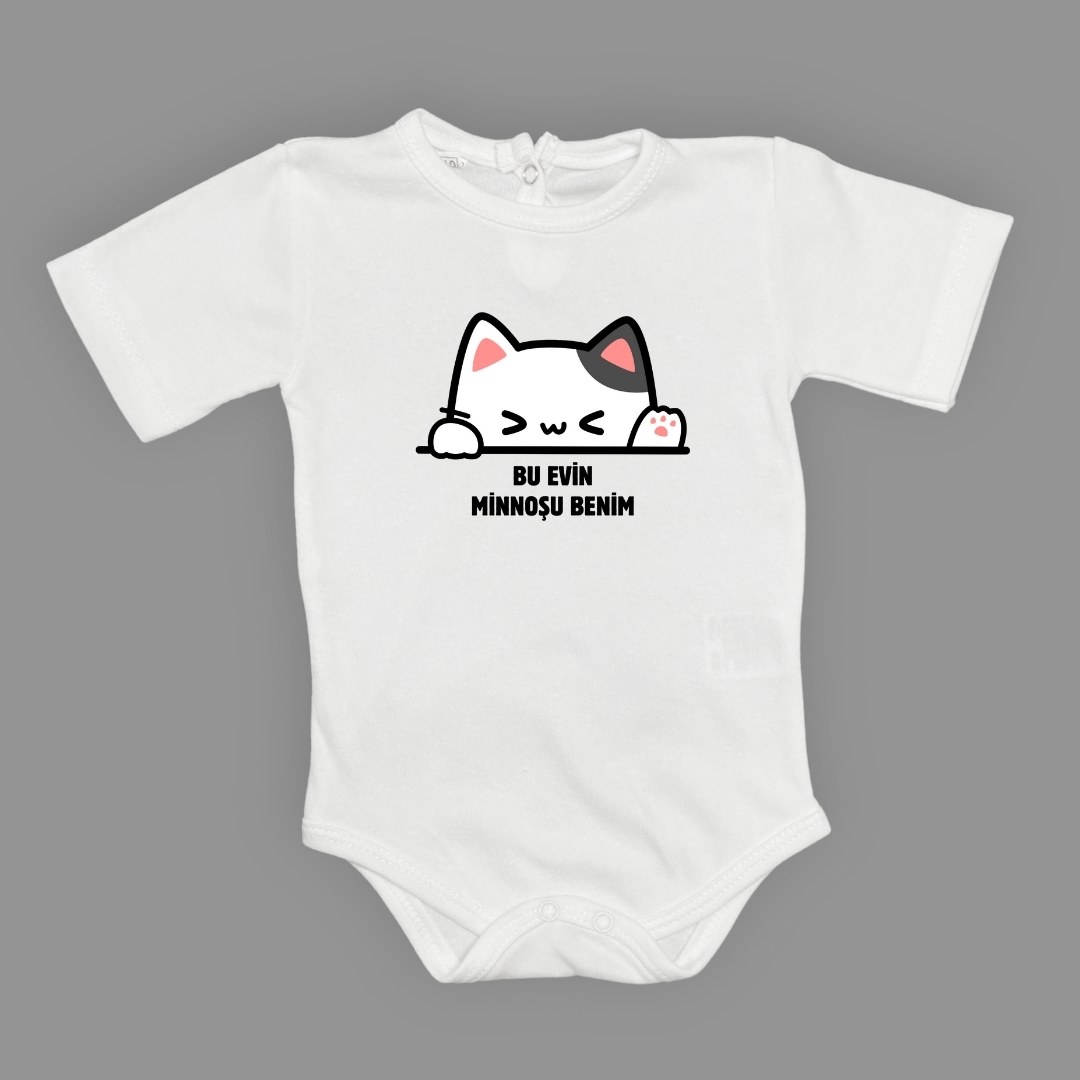 Minnoş Kedi Baskılı Bebek Çıtçıtlı Body Uzun Kısa Kolsuz — BEYAZ