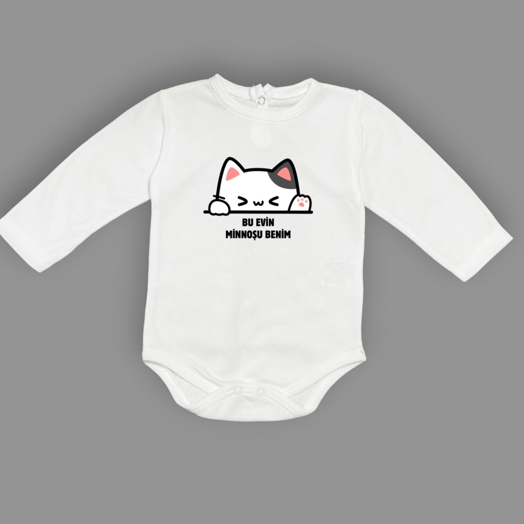 Minnoş Kedi Baskılı Bebek Çıtçıtlı Body Uzun Kısa Kolsuz — EKRU
