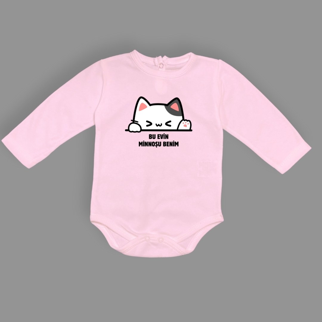 Minnoş Kedi Baskılı Bebek Çıtçıtlı Body Uzun Kısa Kolsuz — PEMBE