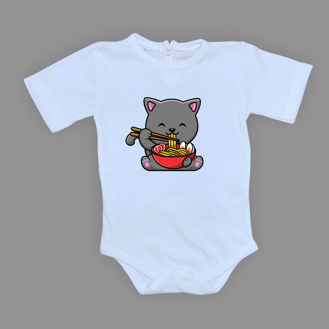 Yemek Yiyen Kedi Baskılı Bebek Çıtçıtlı Body Uzun Kısa Kolsuz — BEBE MAVİ