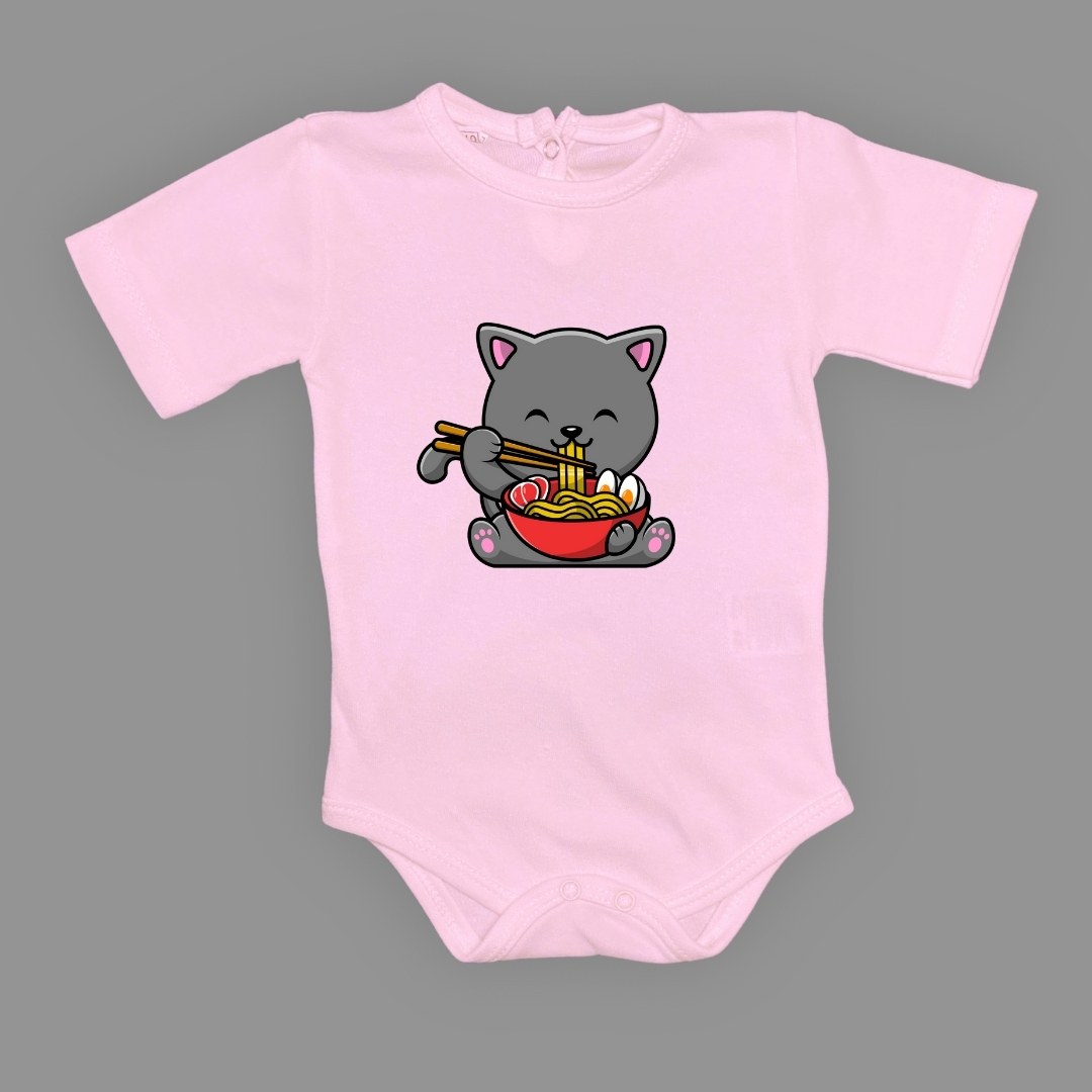 Yemek Yiyen Kedi Baskılı Bebek Çıtçıtlı Body Uzun Kısa Kolsuz — KOYU PEMBE