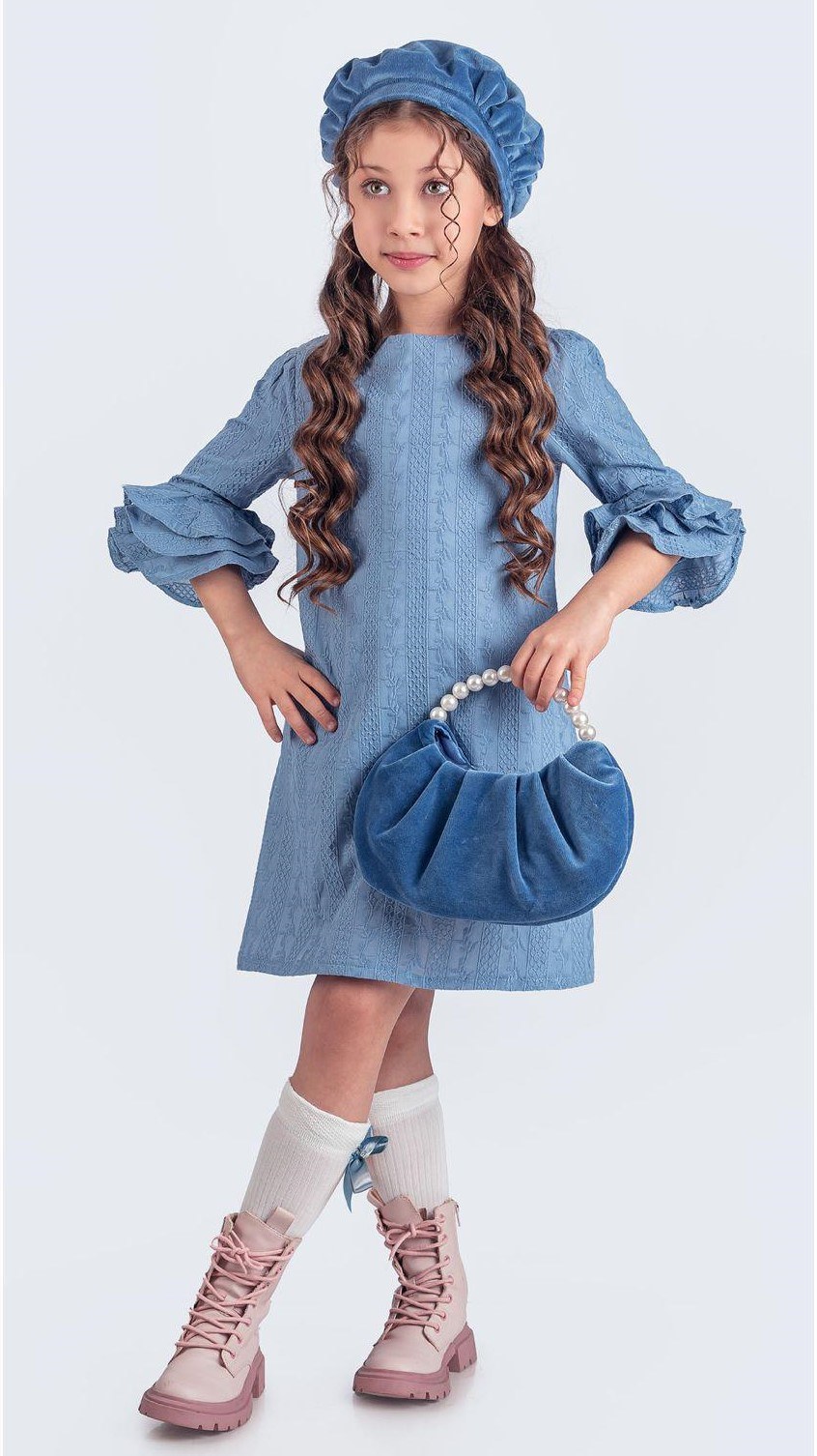 Miss Clarice Kız Çocuk Fransız Bere, Çanta, Çorap Ve Elbise Takım — MAVİ