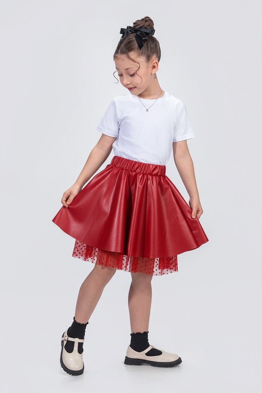 Deri Kız Çocuk Etek — KIRMIZI